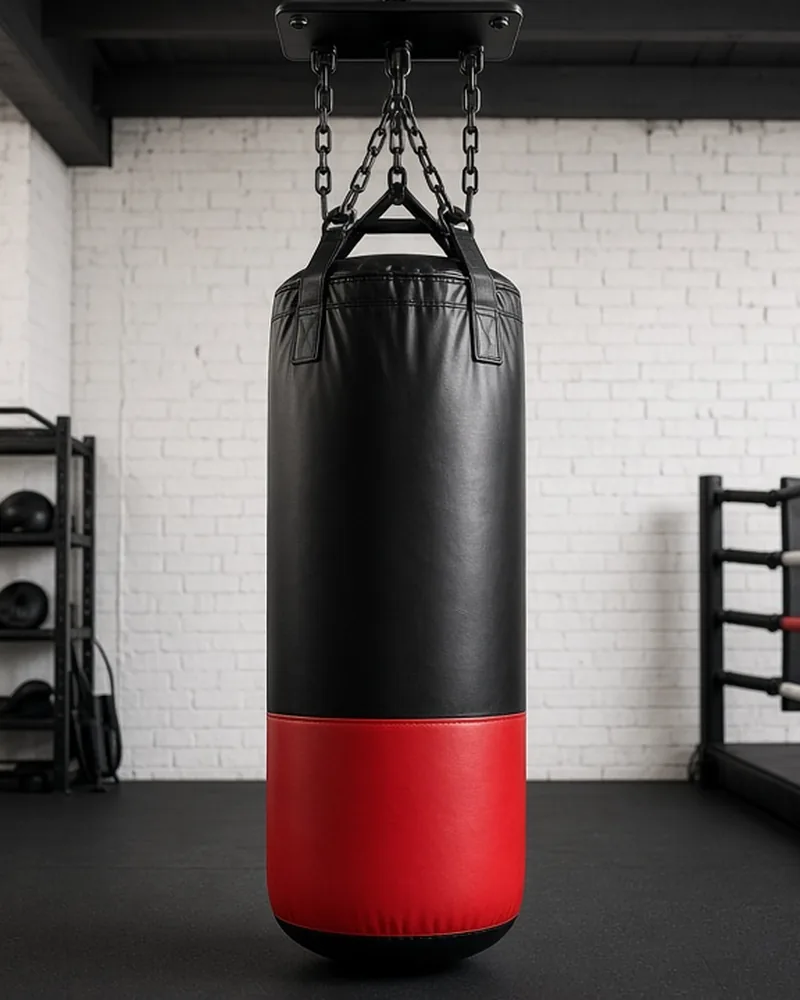 Black and red heavy punching bag hanging from chain mounts against a white brick wall in a boxing gym
