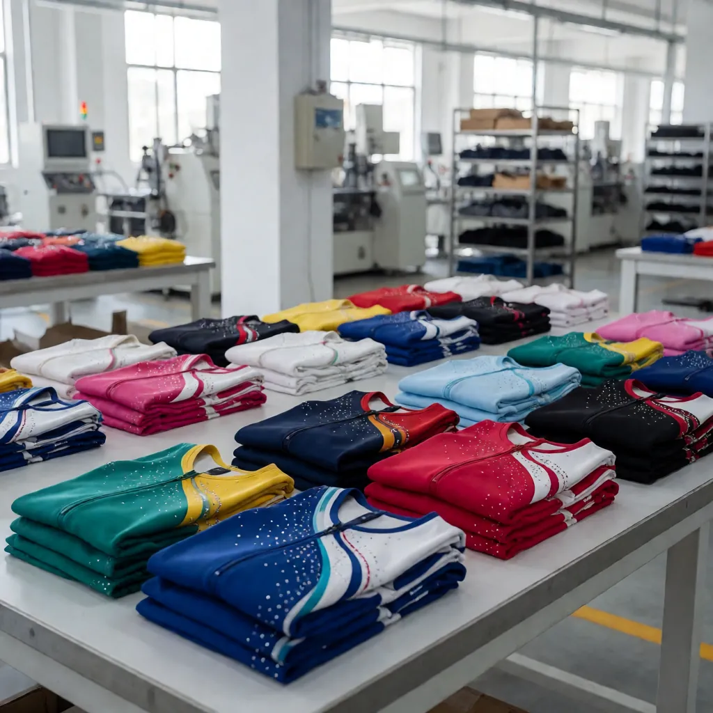 Folded martial arts gis in white, blue, red, green and pink stacked on long tables in a bright garment factory
